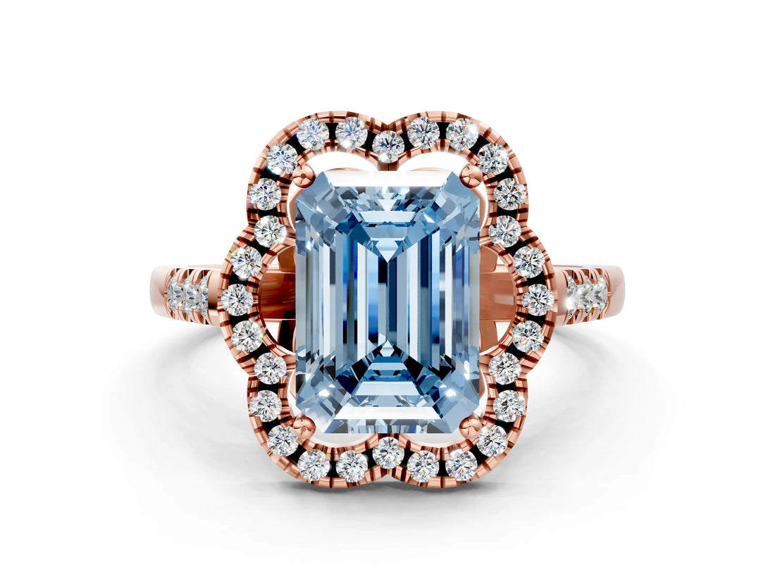Rose gold Fancy Blue Emerald Cut Diamond Floral Halo Split Shank Prong Setting Ring