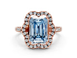 Rose gold Fancy Blue Emerald Cut Diamond Floral Halo Split Shank Prong Setting Ring