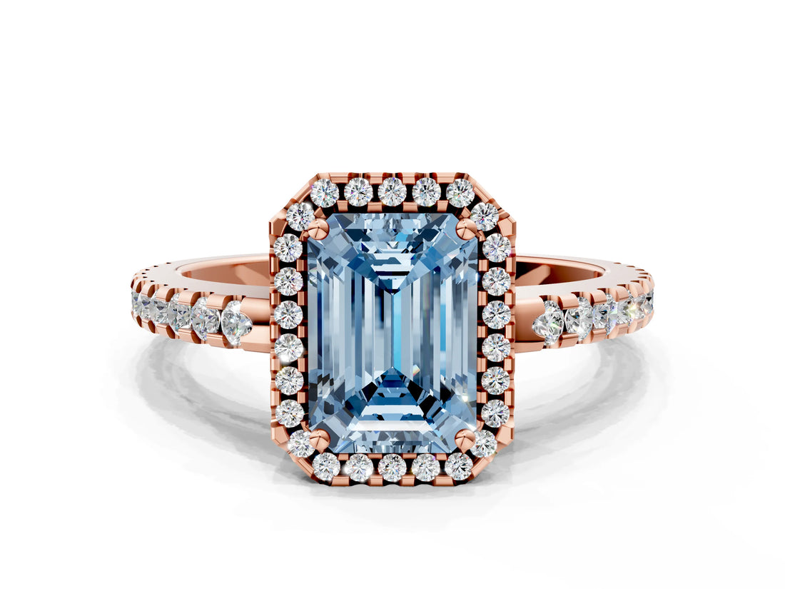 Rose gold Fancy Blue Emerald Cut Diamond Halo Engagement Ring with Pavé Band and Prong Setting_27
