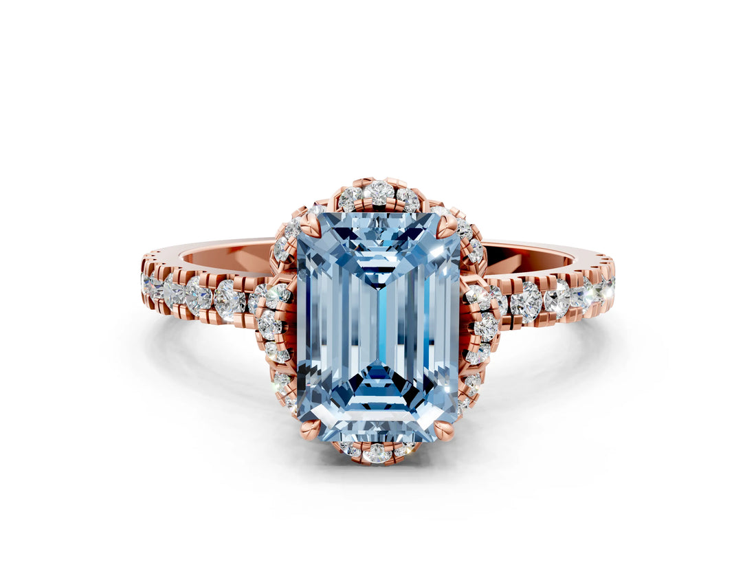 Rose gold Fancy Blue Emerald Cut Diamond Halo Pave Band with Four-Prong Setting_3