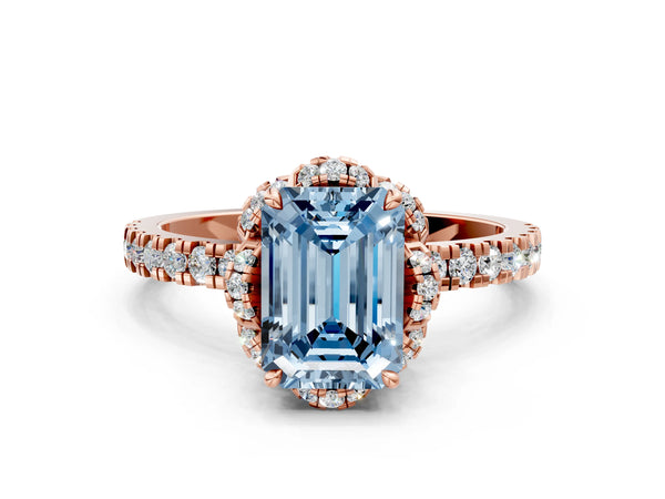 Rose gold Fancy Blue Emerald Cut Diamond Halo Pave Band with Four-Prong Setting