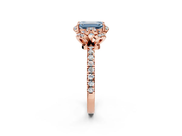 Rose gold Fancy Blue Emerald Cut Diamond Halo Pave Band with Four-Prong Setting