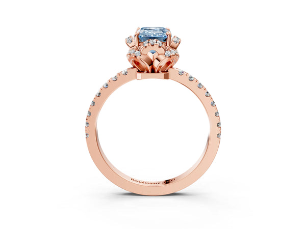 Rose gold Fancy Blue Emerald Cut Diamond Halo Pave Band with Four-Prong Setting