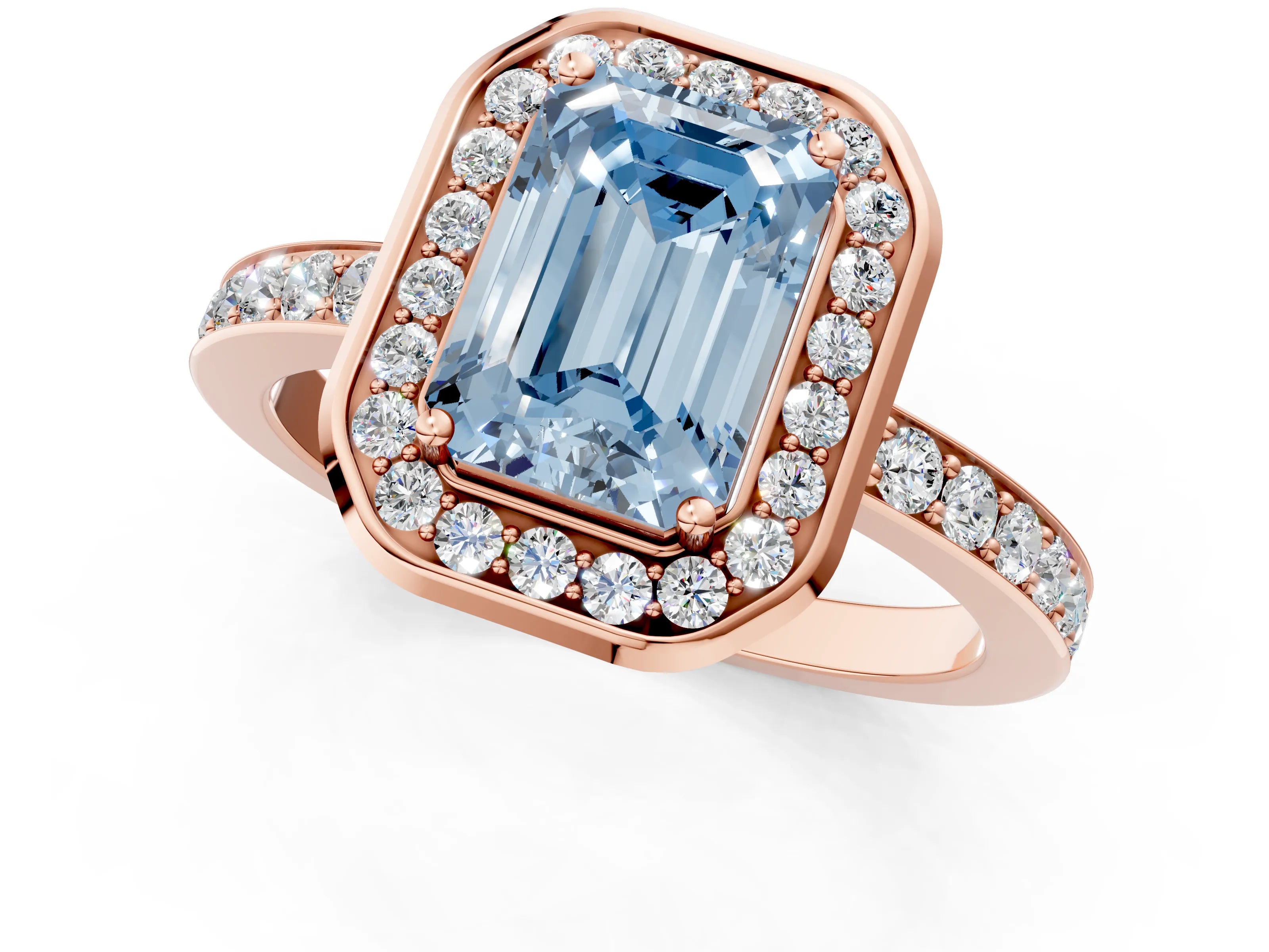 Rose gold Fancy Blue Emerald Cut Diamond Halo Ring with Bezel Frame and Pavé Band_1