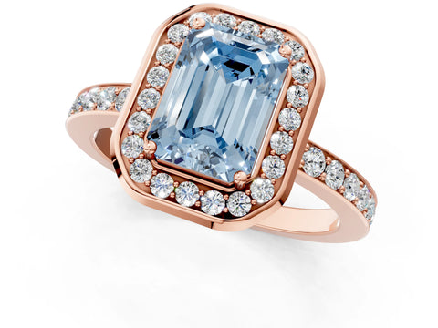 Rose gold Fancy Blue Emerald Cut Diamond Halo Ring with Bezel Frame and Pavé Band_1