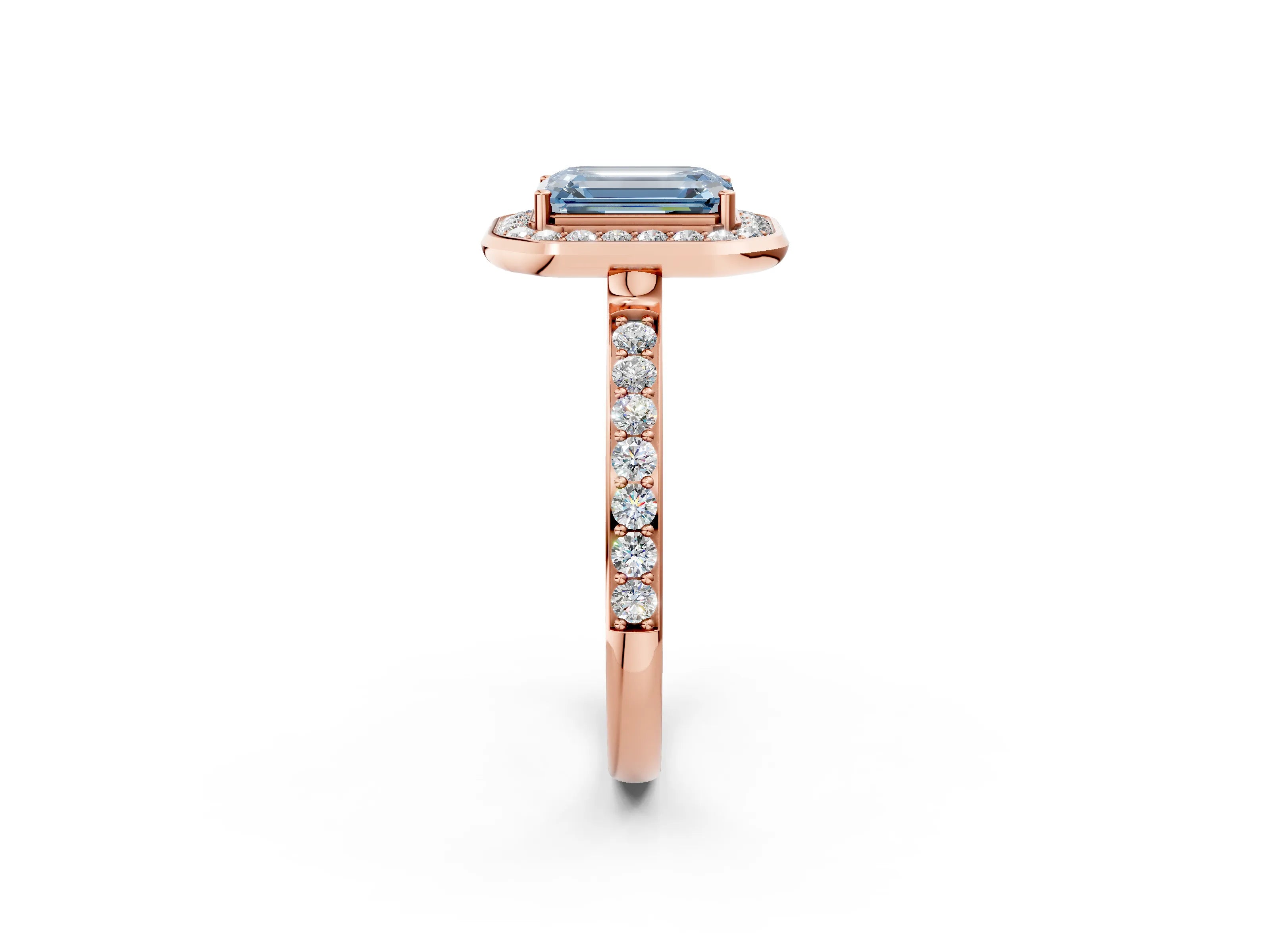 Rose gold Fancy Blue Emerald Cut Diamond Halo Ring with Bezel Frame and Pavé Band_2