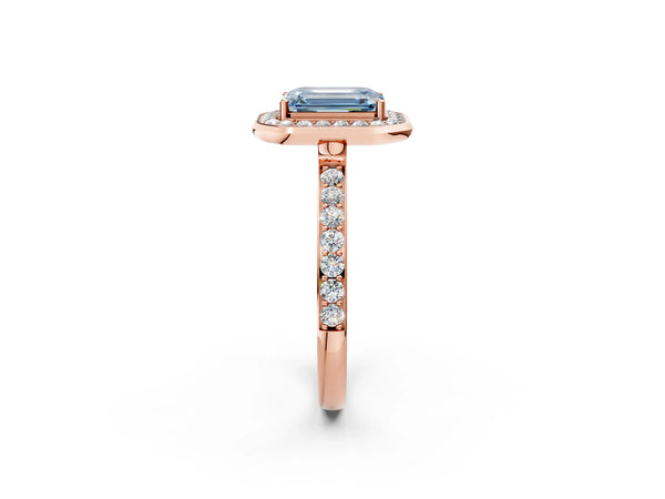 Rose Gold Emerald Cut Pave Bezel-Rim Halo Engagement Ring Setting for Fancy Blue Center