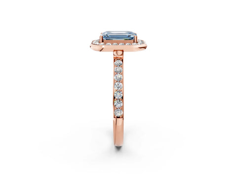 Rose gold Fancy Blue Emerald Cut Diamond Halo Ring with Bezel Frame and Pavé Band_2