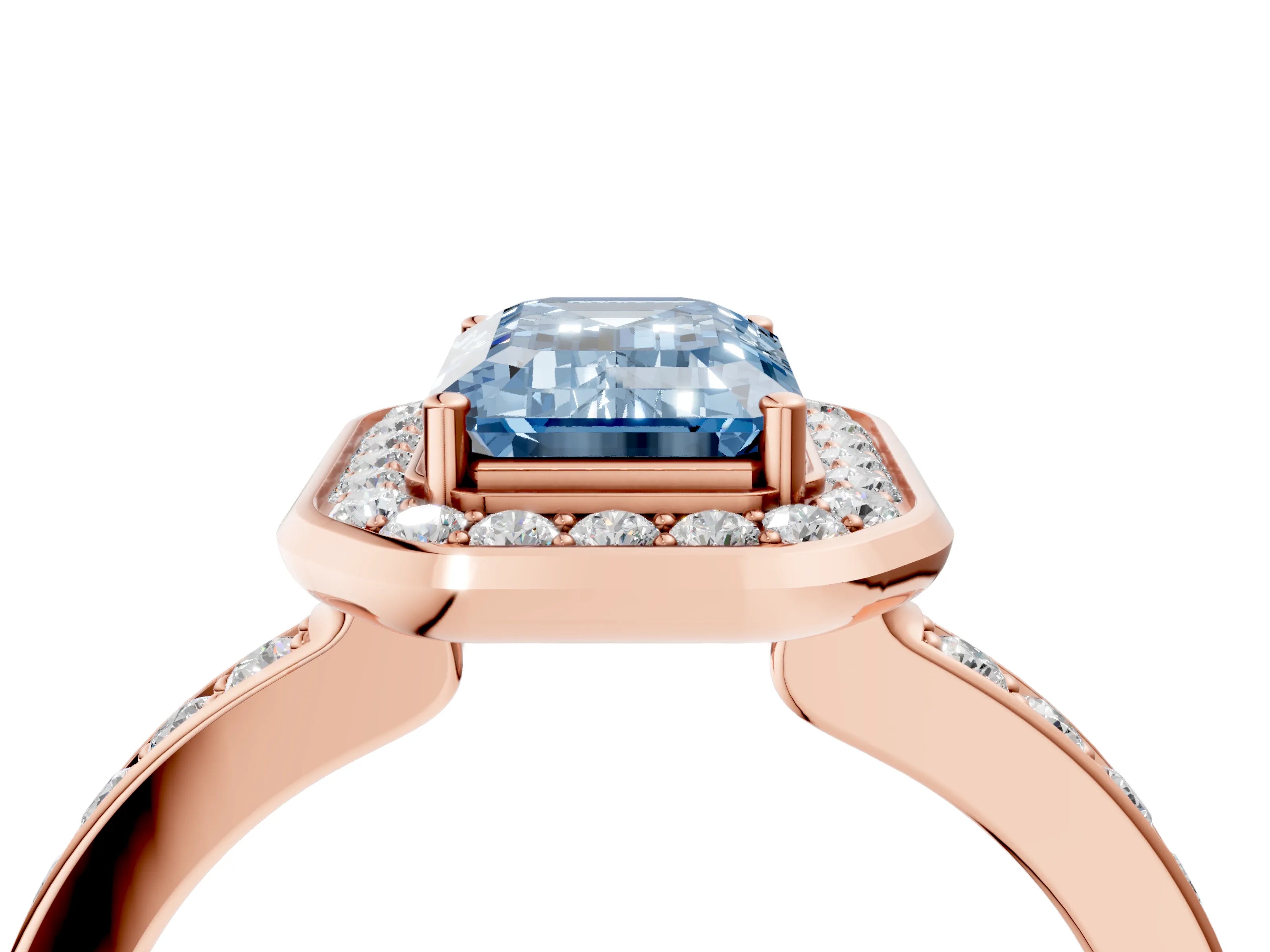 Rose gold Fancy Blue Emerald Cut Diamond Halo Ring with Bezel Frame and Pavé Band_4