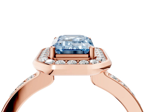 Rose gold Fancy Blue Emerald Cut Diamond Halo Ring with Bezel Frame and Pavé Band_4