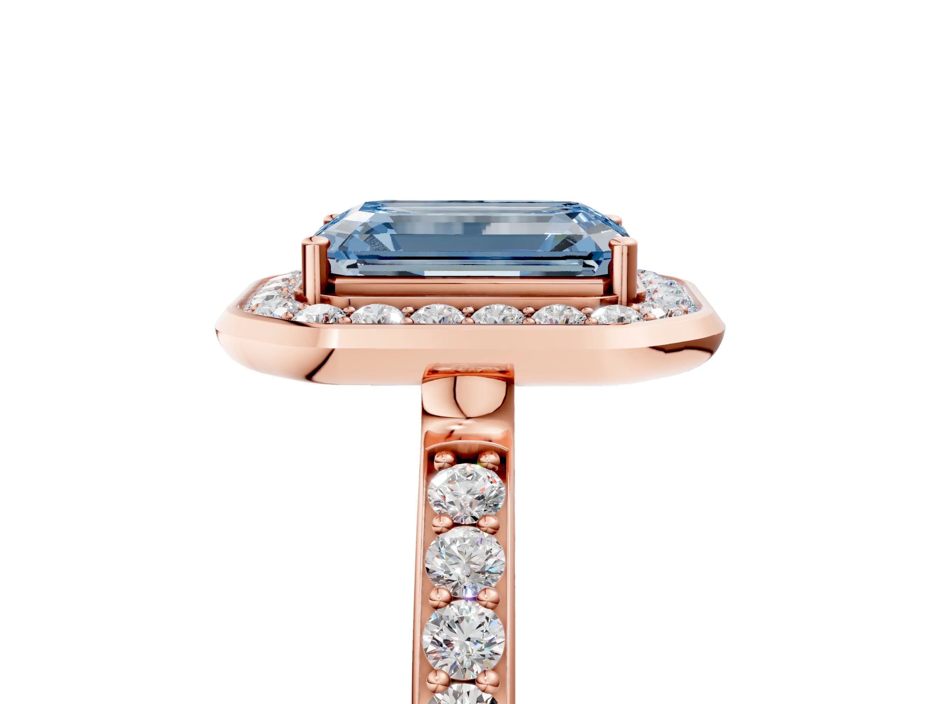 Rose gold Fancy Blue Emerald Cut Diamond Halo Ring with Bezel Frame and Pavé Band_5