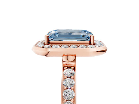Rose gold Fancy Blue Emerald Cut Diamond Halo Ring with Bezel Frame and Pavé Band_5
