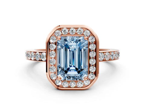 Rose gold Fancy Blue Emerald Cut Diamond Halo Ring with Bezel Frame and Pavé Band
