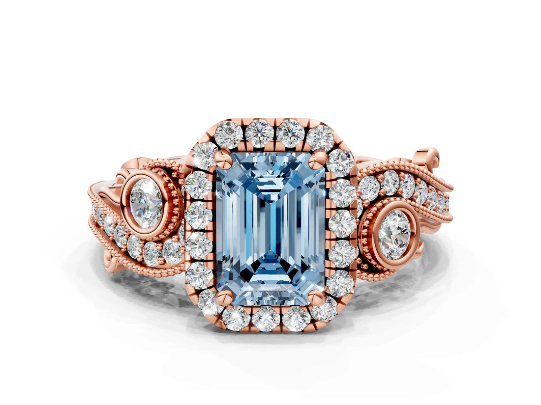 Rose gold Fancy Blue Emerald Cut Diamond Halo Ring with Milgrain Pavé Band and Four-Prong Setting_37