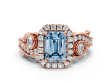 Rose gold Fancy Blue Emerald Cut Diamond Halo Ring with Milgrain Pavé Band and Four-Prong Setting_37