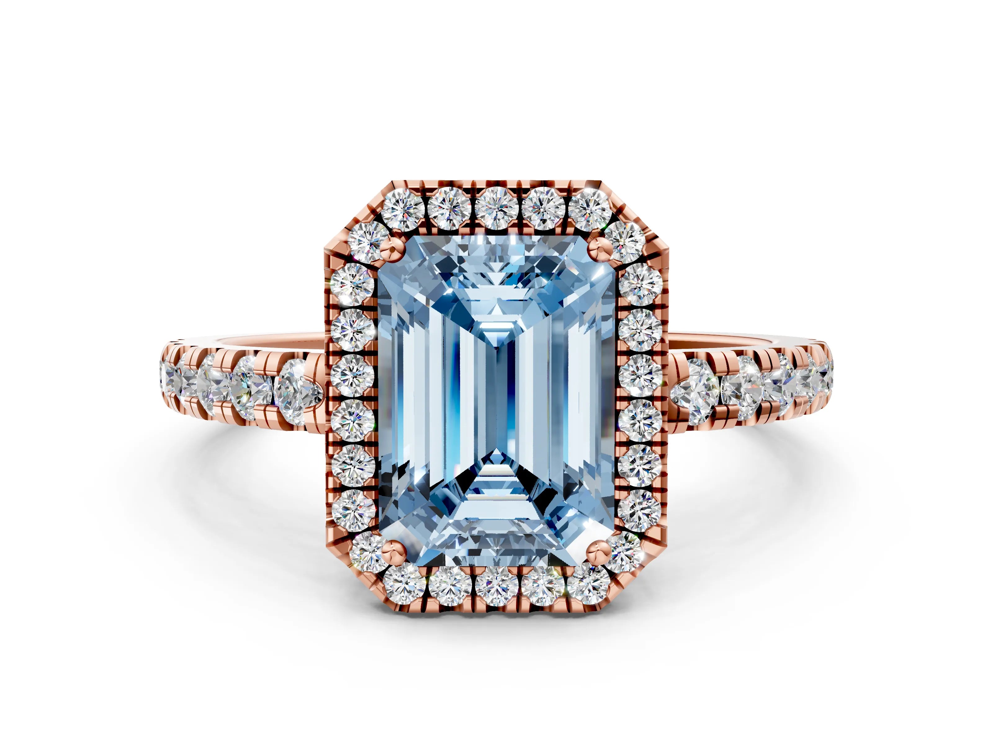 Rose gold Fancy Blue Emerald Cut Diamond Halo Ring with Pavé Band and Four-Prong Setting