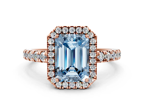 Rose gold Fancy Blue Emerald Cut Diamond Halo Ring with Pavé Band and Four-Prong Setting