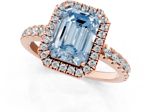 Rose gold Fancy Blue Emerald Cut Diamond Halo Ring with Pavé Band and Four-Prong Setting