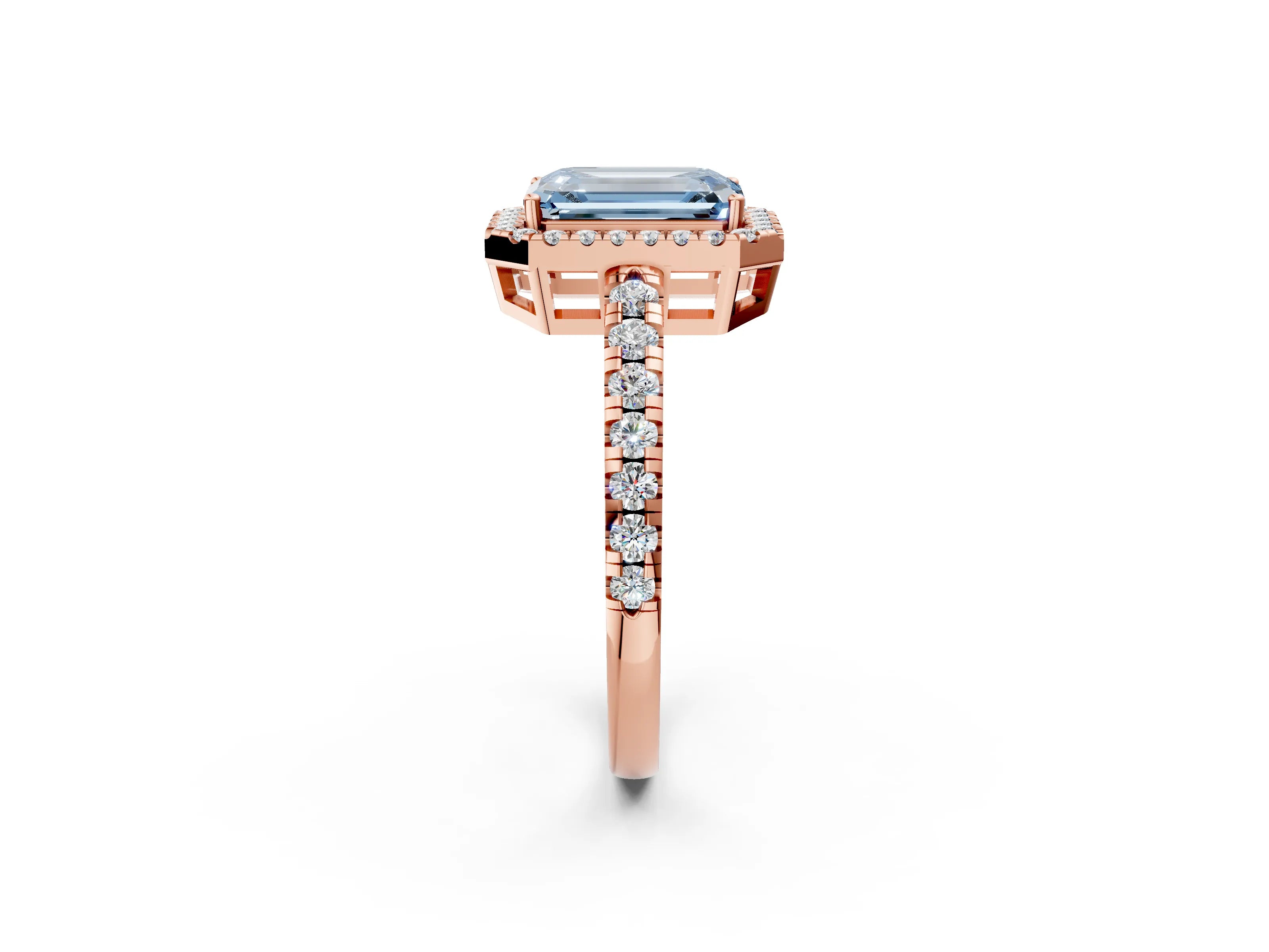 Rose gold Fancy Blue Emerald Cut Diamond Halo Ring with Pavé Band and Four-Prong Setting_2