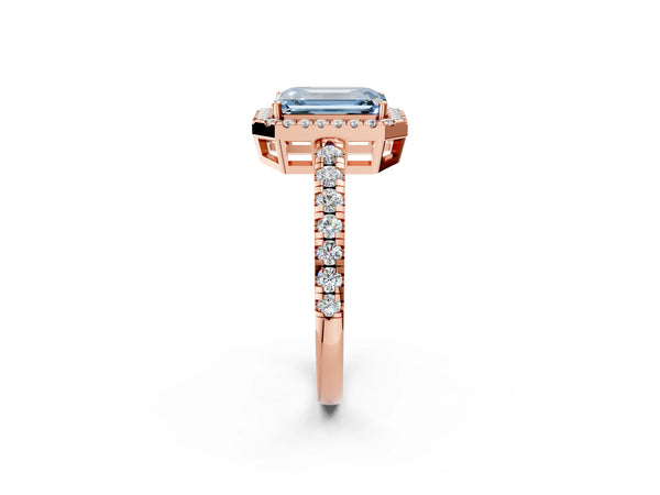 Rose gold Fancy Blue Emerald Cut Diamond Halo Ring with Pavé Band and Four-Prong Setting