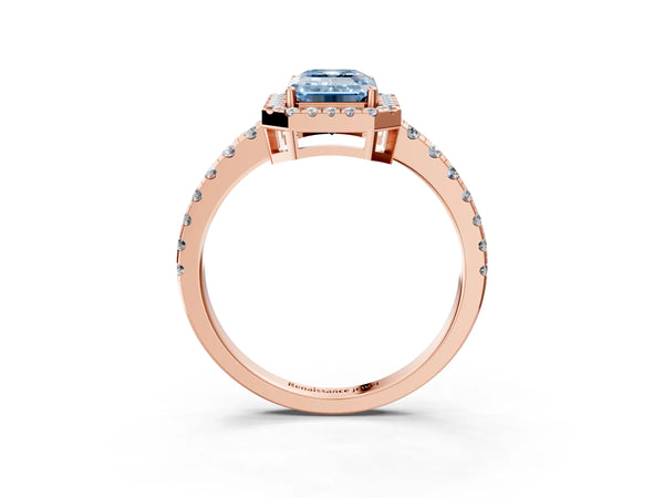 Rose gold Fancy Blue Emerald Cut Diamond Halo Ring with Pavé Band and Four-Prong Setting
