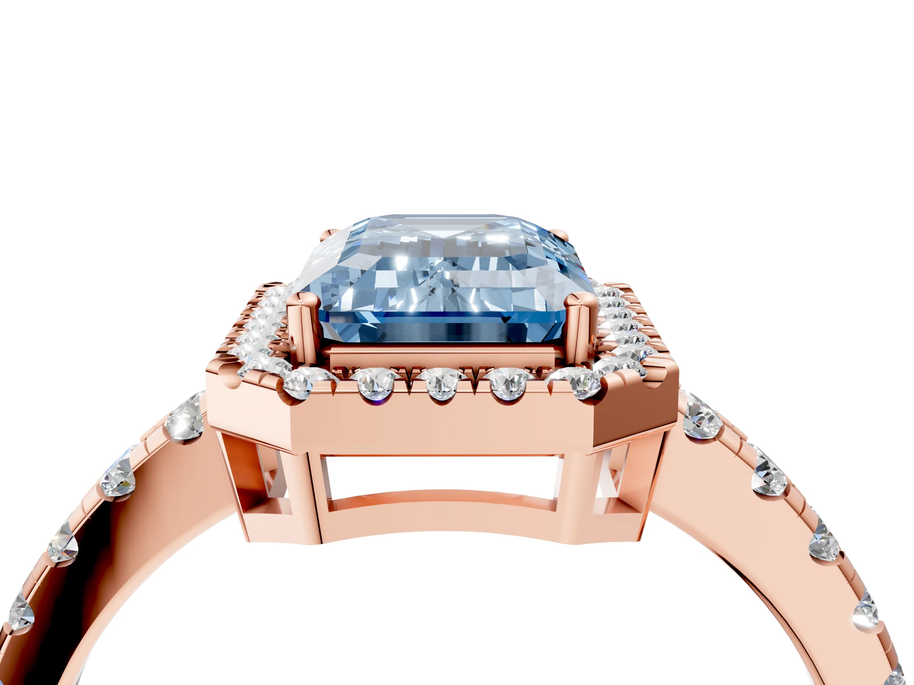 Rose gold Fancy Blue Emerald Cut Diamond Halo Ring with Pavé Band and Four-Prong Setting_4