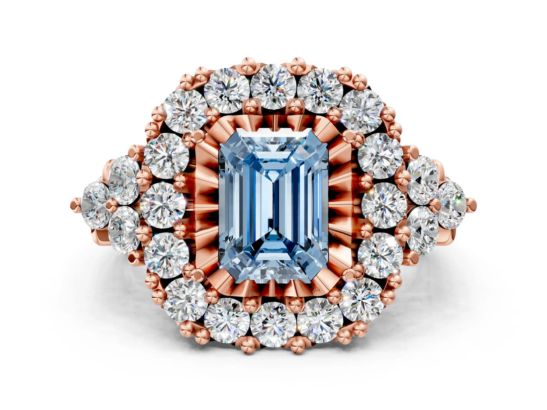Rose gold Fancy Blue Emerald Cut Diamond Halo Ring with Pavé Band and Four-Prong Setting_41