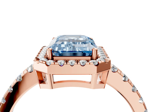 Rose gold Fancy Blue Emerald Cut Diamond Halo Ring with Pavé Band and Four-Prong Setting_4