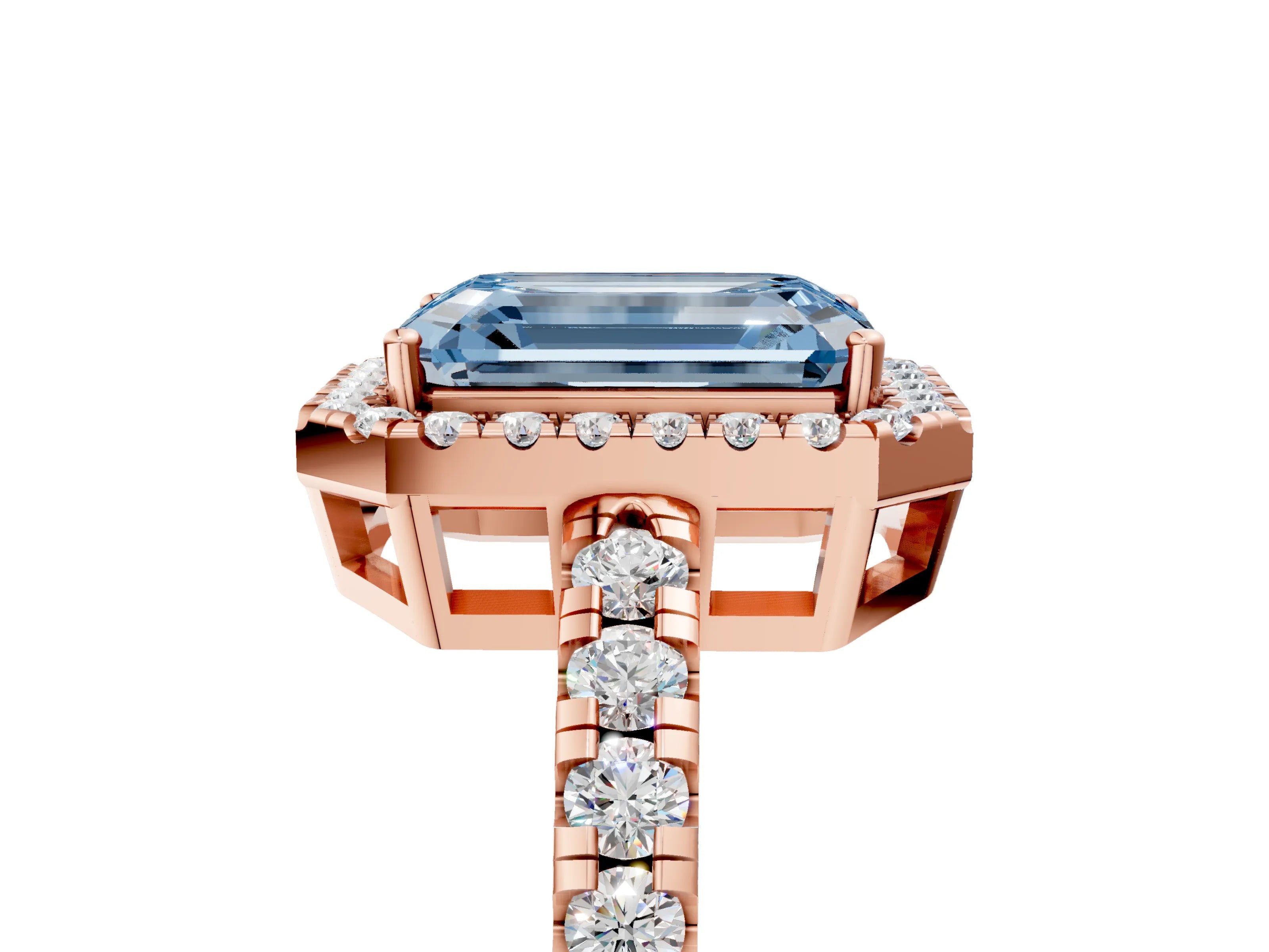 Rose gold Fancy Blue Emerald Cut Diamond Halo Ring with Pavé Band and Four-Prong Setting_5