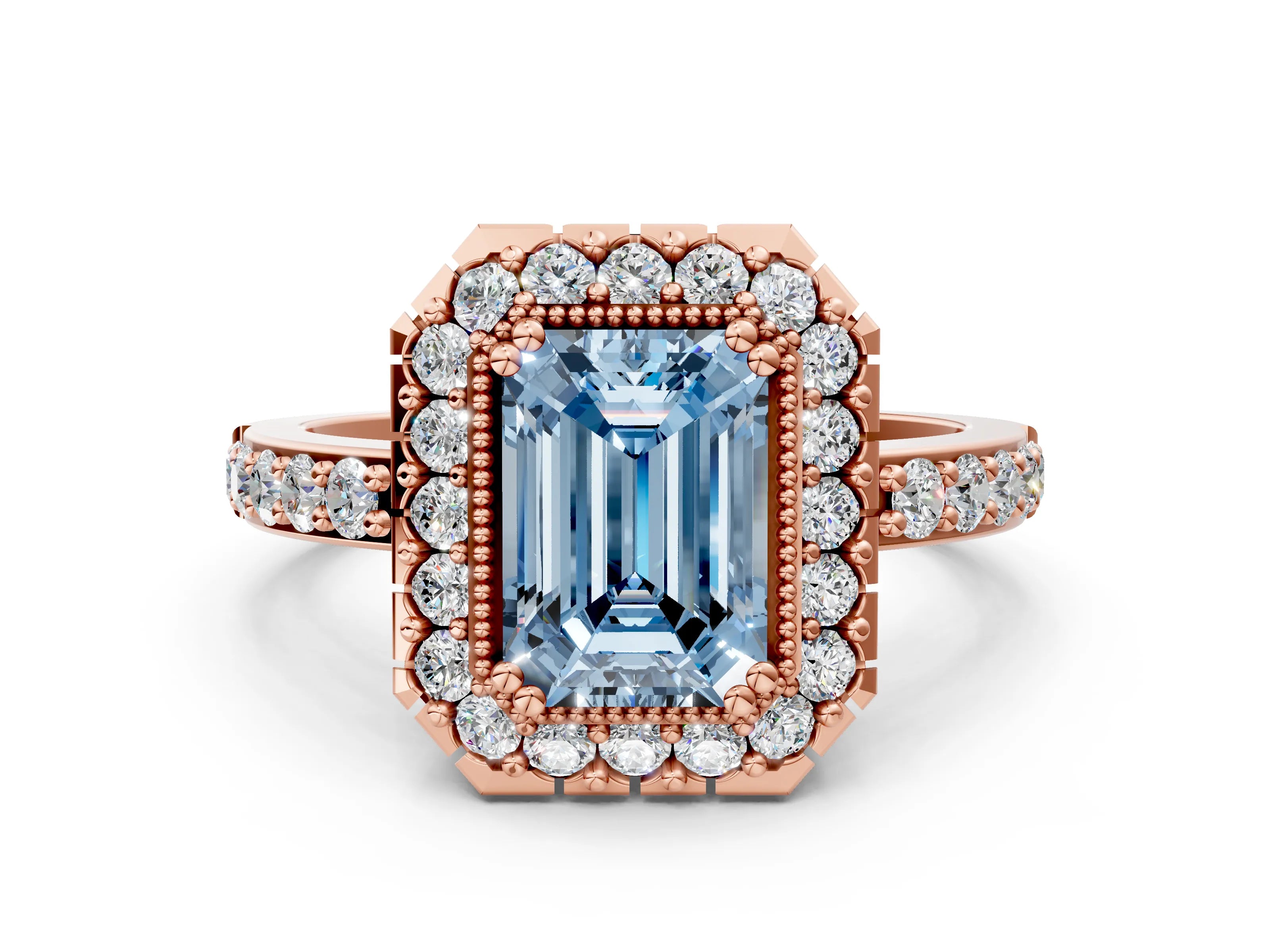 Rose gold Fancy Blue Emerald Cut Diamond Halo Ring with Pavé Band and Prong Setting