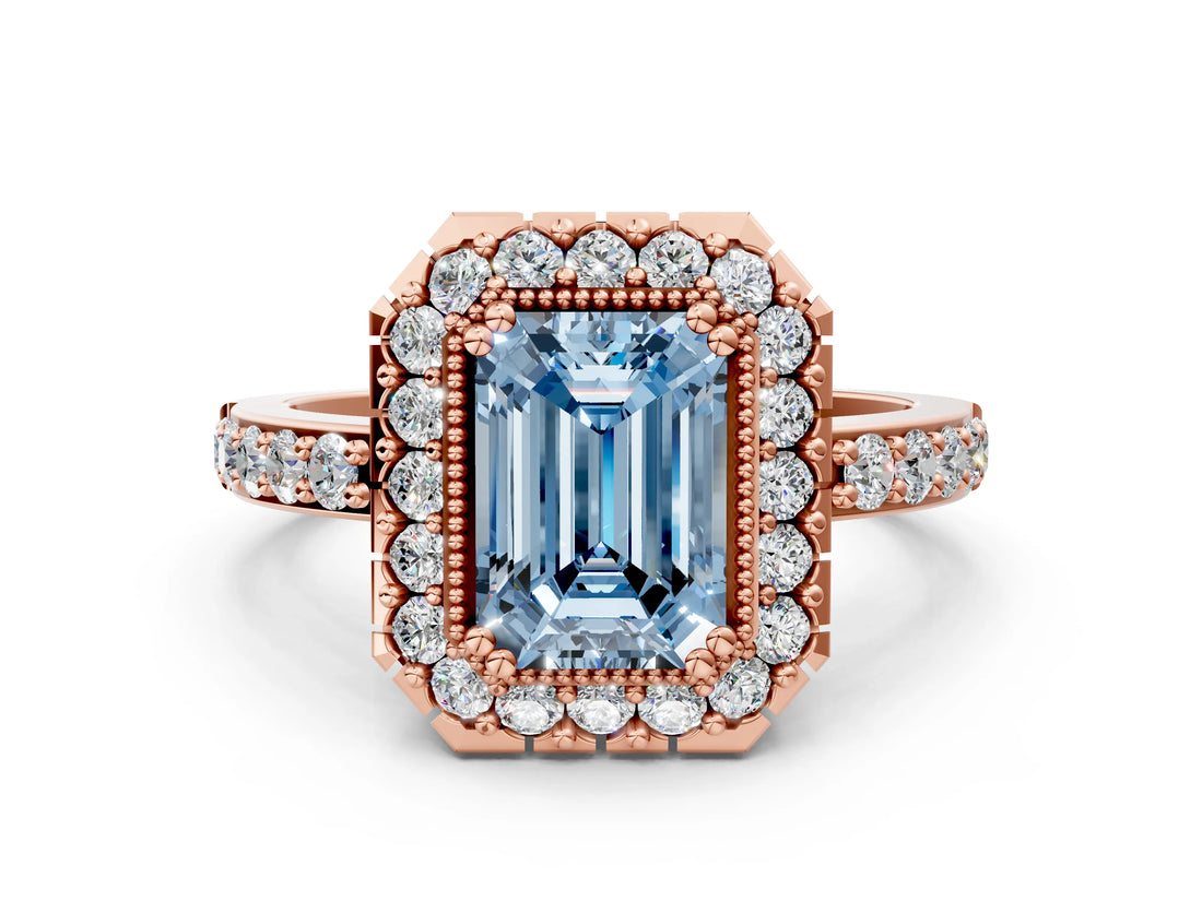 Rose gold Fancy Blue Emerald Cut Diamond Halo Ring with Pavé Band and Prong Setting