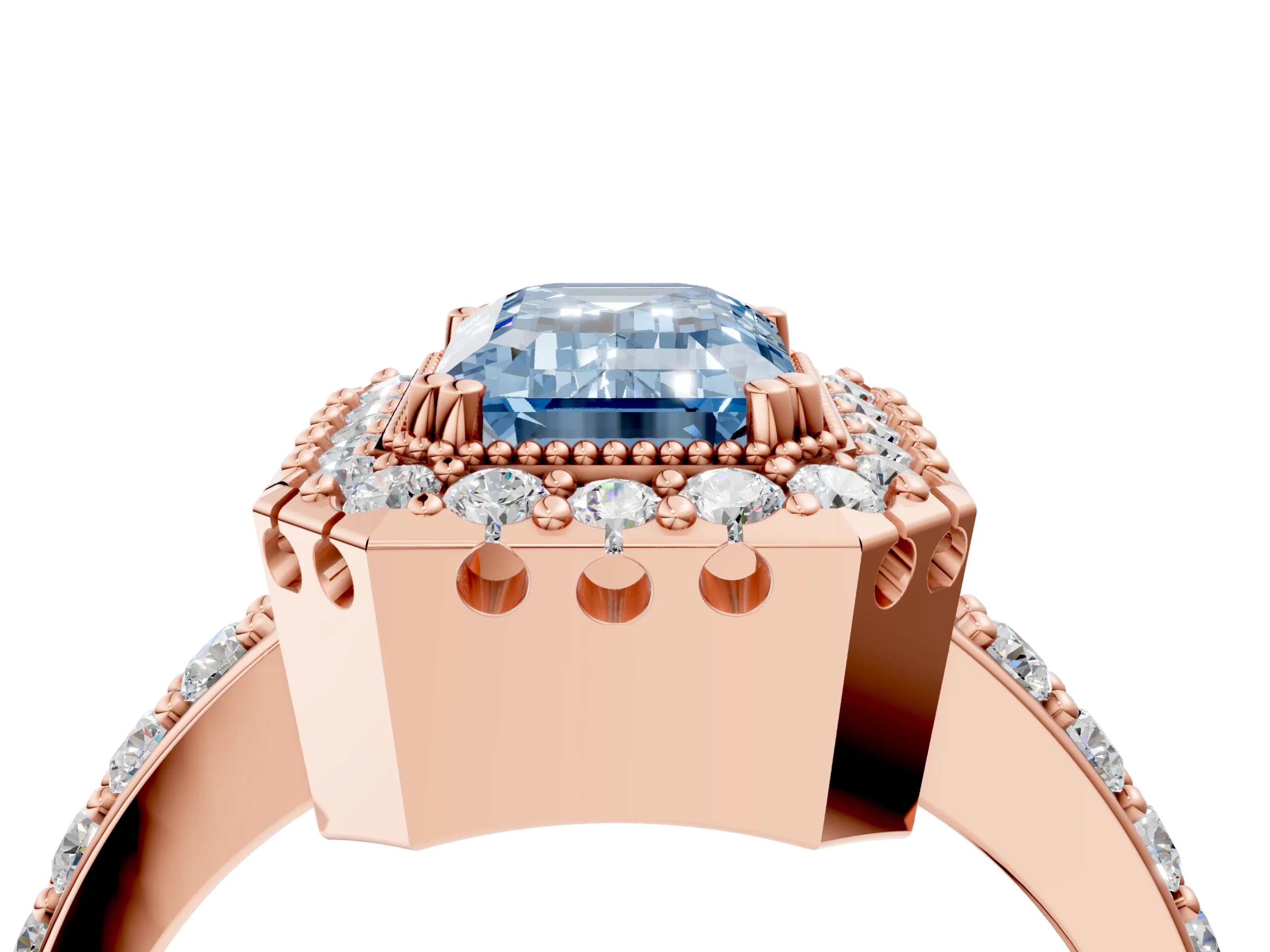 Rose gold Fancy Blue Emerald Cut Diamond Halo Ring with Pavé Band and Prong Setting_4
