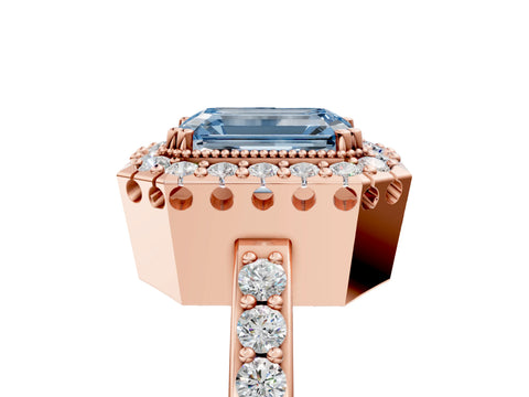 Rose gold Fancy Blue Emerald Cut Diamond Halo Ring with Pavé Band and Prong Setting_5