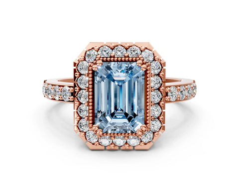 Rose gold Fancy Blue Emerald Cut Diamond Halo Ring with Pavé Band and Prong Setting