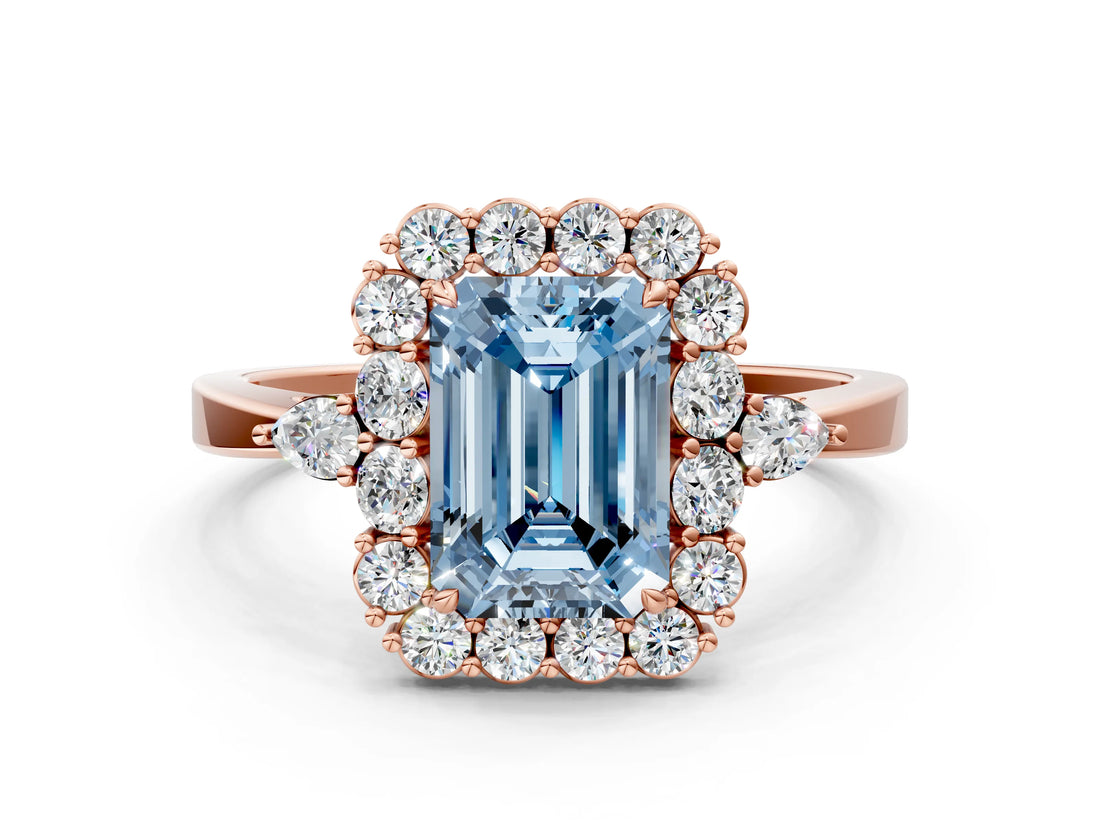 Rose gold Fancy Blue Emerald Cut Diamond Halo Ring with Pear Side Stones and Prong Setting_52
