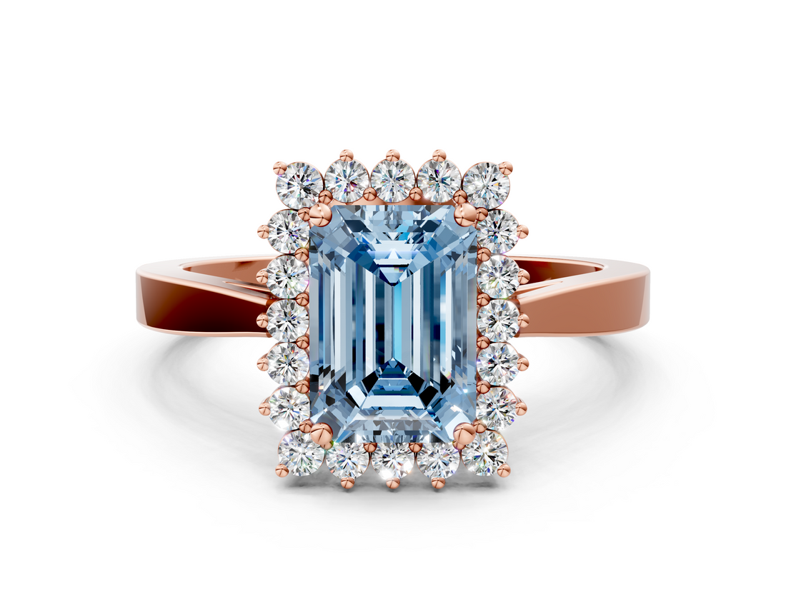 Rose gold Fancy Blue Emerald  Cut Diamond Halo Ring with Round Brilliant Halo and Solitaire Band_87