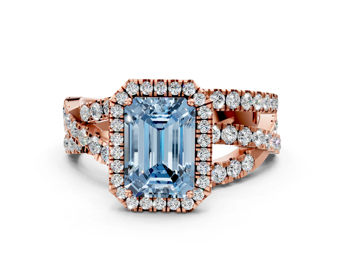 Rose gold Fancy Blue Emerald Cut Diamond Halo Ring with Round Split Shank and Prong Setting_36