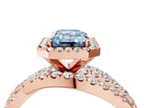 Rose gold Fancy Blue Emerald Cut Diamond Halo Ring with Round Split Shank and Prong Setting_40