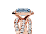 Rose gold Fancy Blue Emerald Cut Diamond Halo Ring with Round Split Shank and Prong Setting_41