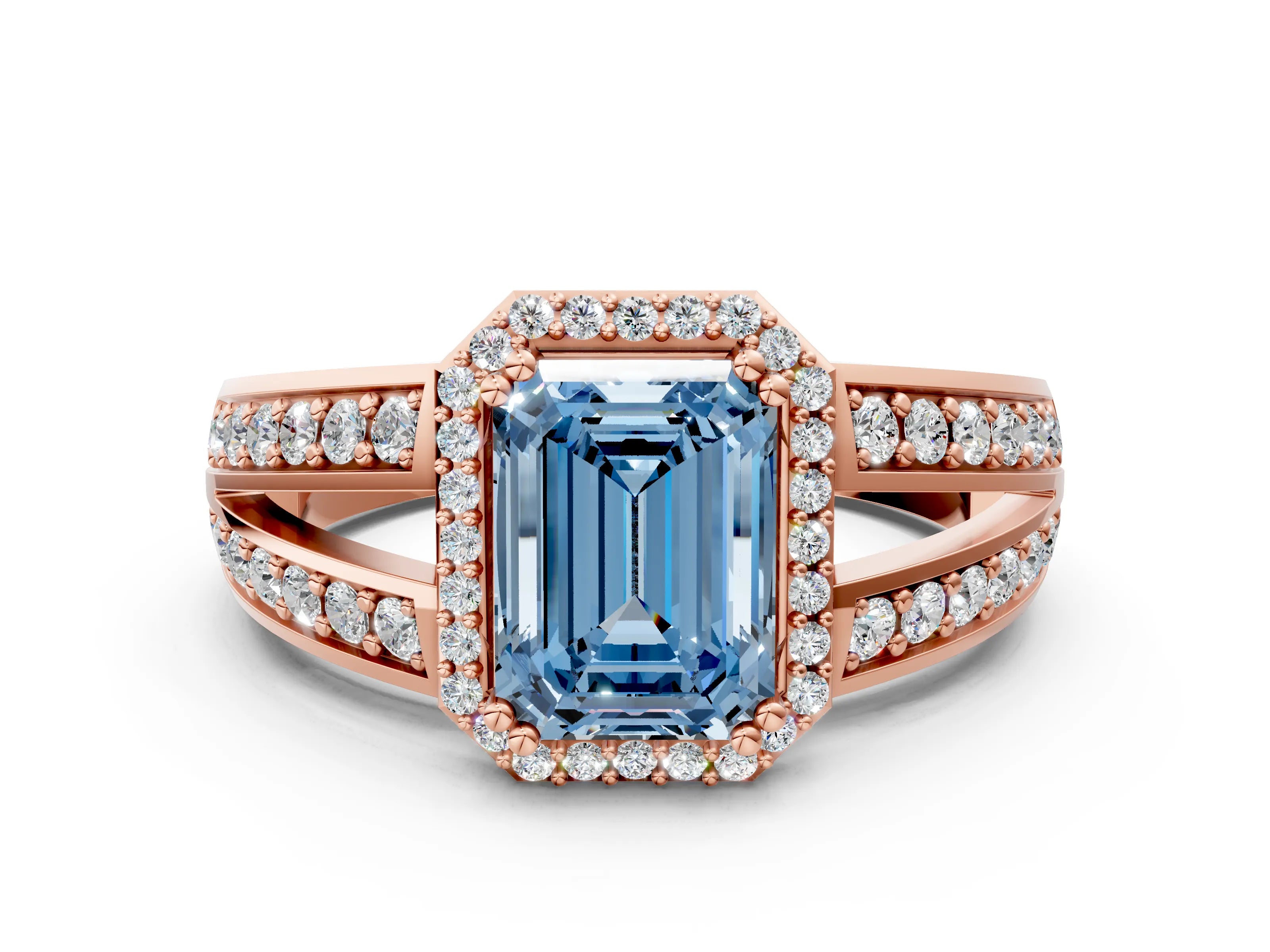 Rose gold Fancy Blue Emerald Cut Diamond Halo Ring with Split Shank Pavé Band and Four-Prong Setting