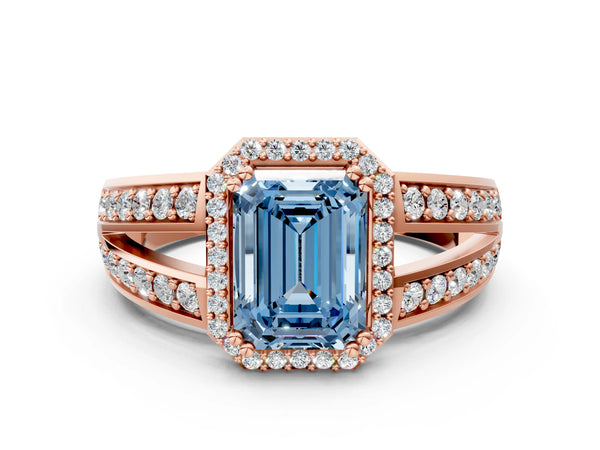 Rose gold Fancy Blue Emerald Cut Diamond Halo Ring with Split Shank Pavé Band and Four-Prong Setting