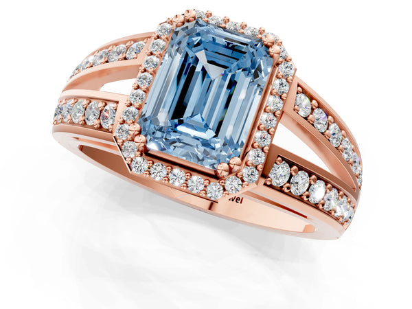 Rose gold Fancy Blue Emerald Cut Diamond Halo Ring with Split Shank Pavé Band and Four-Prong Setting
