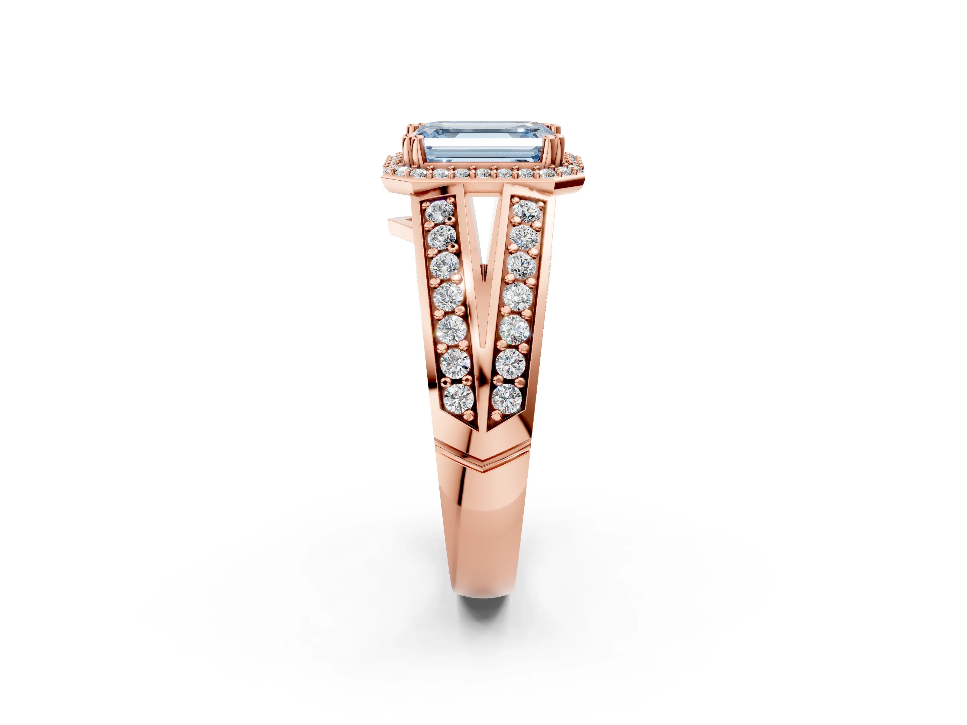 Rose gold Fancy Blue Emerald Cut Diamond Halo Ring with Split Shank Pavé Band and Four-Prong Setting_2