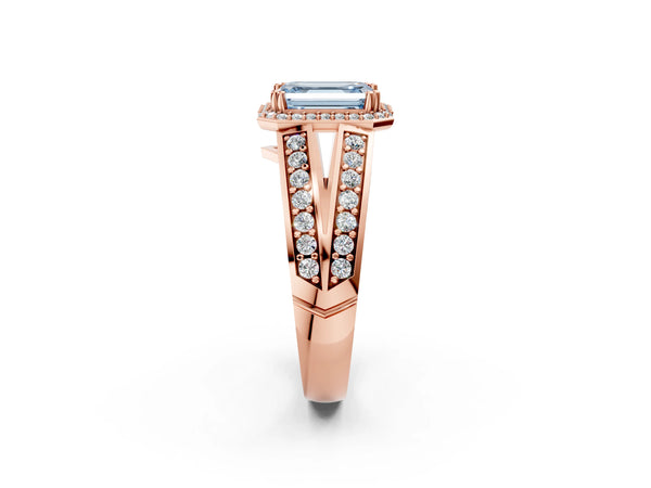 Rose gold Fancy Blue Emerald Cut Diamond Halo Ring with Split Shank Pavé Band and Four-Prong Setting