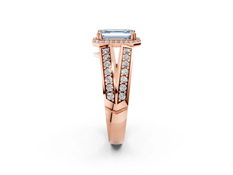 Rose gold Fancy Blue Emerald Cut Diamond Halo Ring with Split Shank Pavé Band and Four-Prong Setting_2