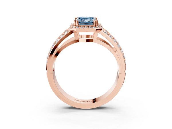 Rose gold Fancy Blue Emerald Cut Diamond Halo Ring with Split Shank Pavé Band and Four-Prong Setting