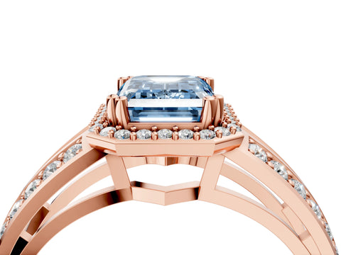 Rose gold Fancy Blue Emerald Cut Diamond Halo Ring with Split Shank Pavé Band and Four-Prong Setting_4