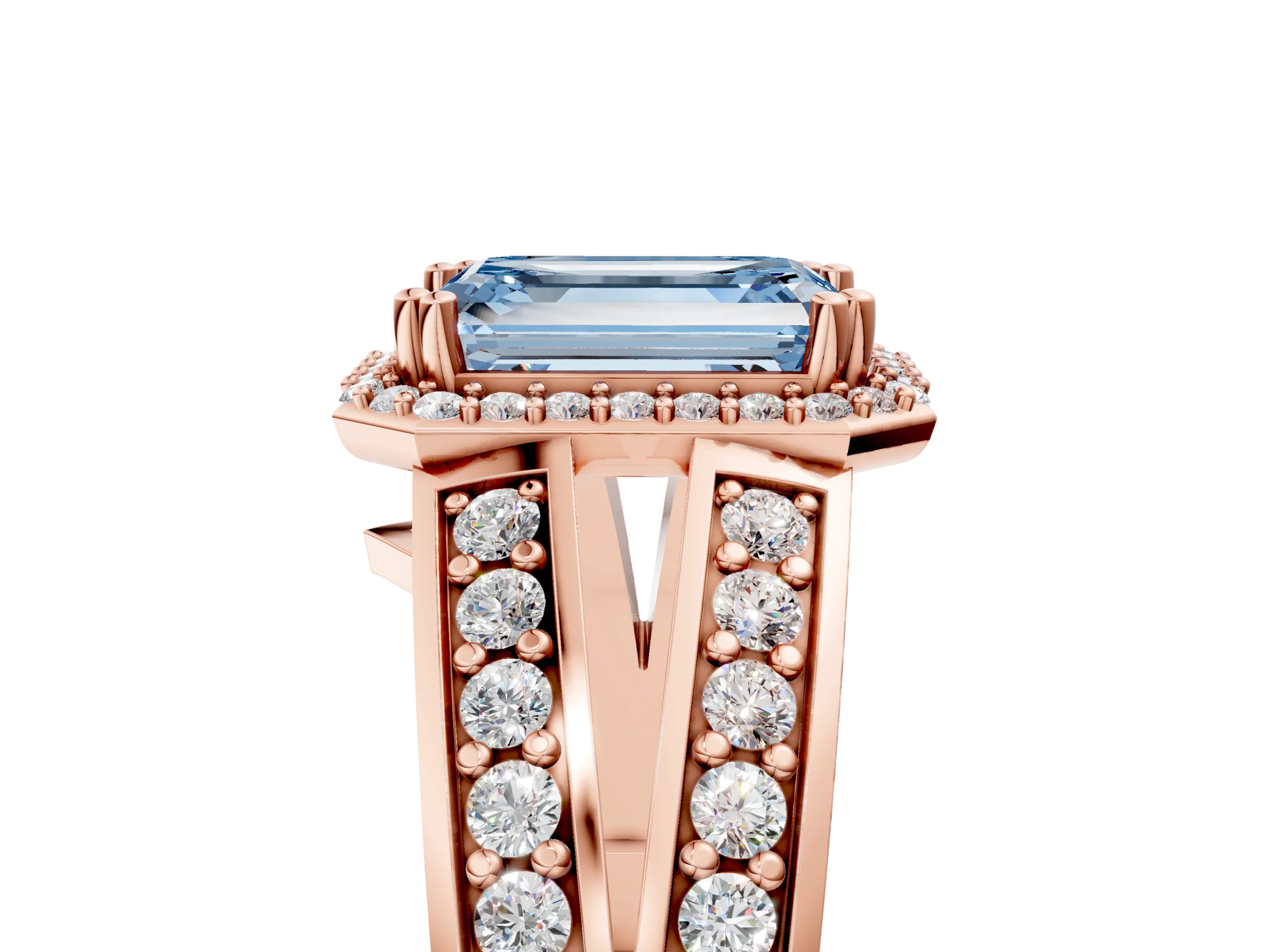 Rose gold Fancy Blue Emerald Cut Diamond Halo Ring with Split Shank Pavé Band and Four-Prong Setting_5
