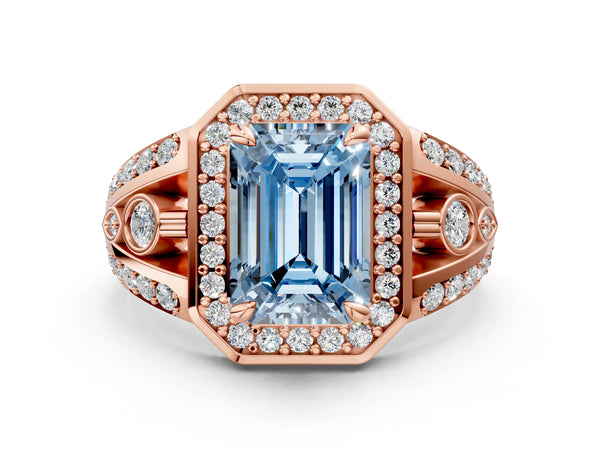 Rose gold Fancy Blue Emerald Cut Diamond Halo Ring with Split Shank and Bezel Accents and Four-Prong Setting