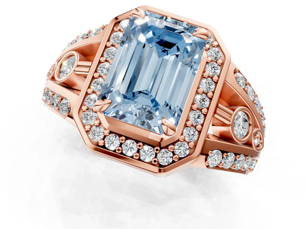 Rose gold Fancy Blue Emerald Cut Diamond Halo Ring with Split Shank and Bezel Accents and Four-Prong Setting